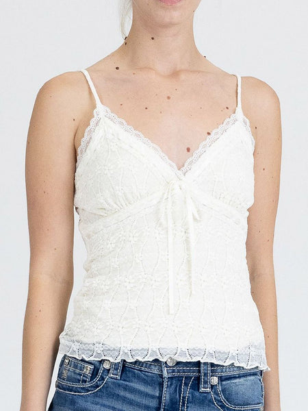 Miss Me BMT0194T-CW Womens Lace Cami Top With Ribbon Tie Cream White front view. If you need any assistance with this item or the purchase of this item please call us at five six one seven four eight eight eight zero one Monday through Saturday 10:00a.m EST to 8:00 p.m EST