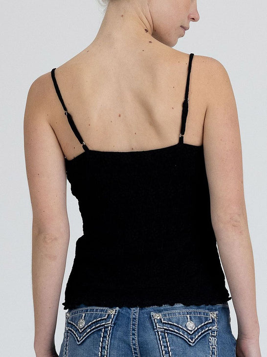 Miss Me BMT0194T-BK Womens Lace Cami Top With Ribbon Tie Black back view. If you need any assistance with this item or the purchase of this item please call us at five six one seven four eight eight eight zero one Monday through Saturday 10:00a.m EST to 8:00 p.m EST