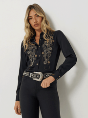 Wrangler 112373689 Womens X Lainey Wilson Embroidered Shirt Black front view. If you need any assistance with this item or the purchase of this item please call us at five six one seven four eight eight eight zero one Monday through Saturday 10:00a.m EST to 8:00 p.m EST 
