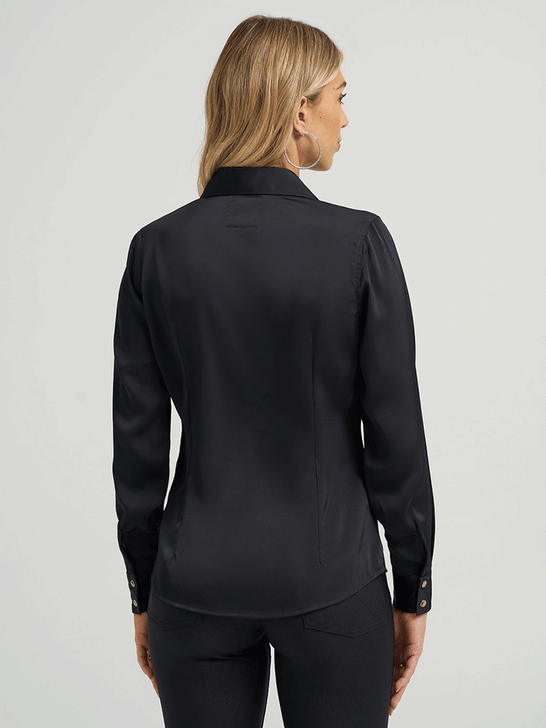 Wrangler 112373689 Womens X Lainey Wilson Embroidered Shirt Black back view. If you need any assistance with this item or the purchase of this item please call us at five six one seven four eight eight eight zero one Monday through Saturday 10:00a.m EST to 8:00 p.m EST 