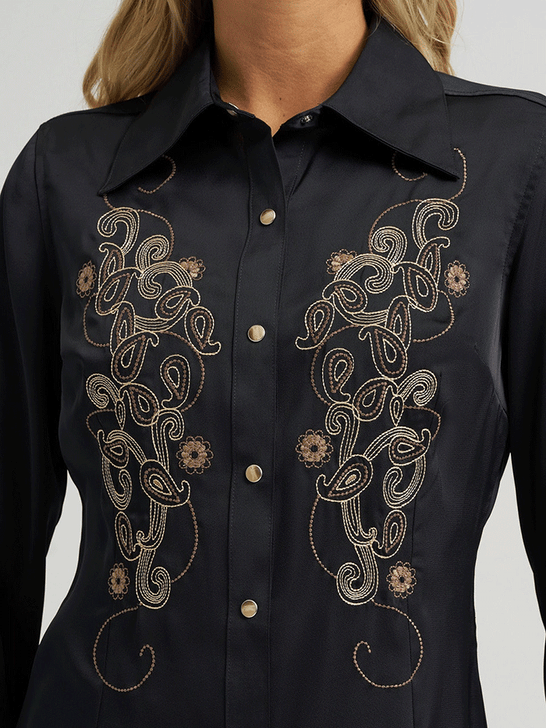 Wrangler 112373689 Womens X Lainey Wilson Embroidered Shirt Black front close up. If you need any assistance with this item or the purchase of this item please call us at five six one seven four eight eight eight zero one Monday through Saturday 10:00a.m EST to 8:00 p.m EST