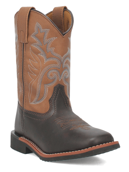 Laredo LC2571 LC3571 Kids BEXLEY Square Toe Boot Dark Brown front and side view. If you need any assistance with this item or the purchase of this item please call us at five six one seven four eight eight eight zero one Monday through Saturday 10:00a.m EST to 8:00 p.m EST