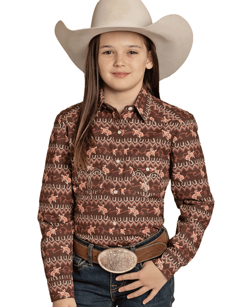 Panhandle LGN2S08040 Girls Long Sleeve Snap Western Shirt Brown front view. If you need any assistance with this item or the purchase of this item please call us at five six one seven four eight eight eight zero one Monday through Saturday 10:00a.m EST to 8:00 p.m EST