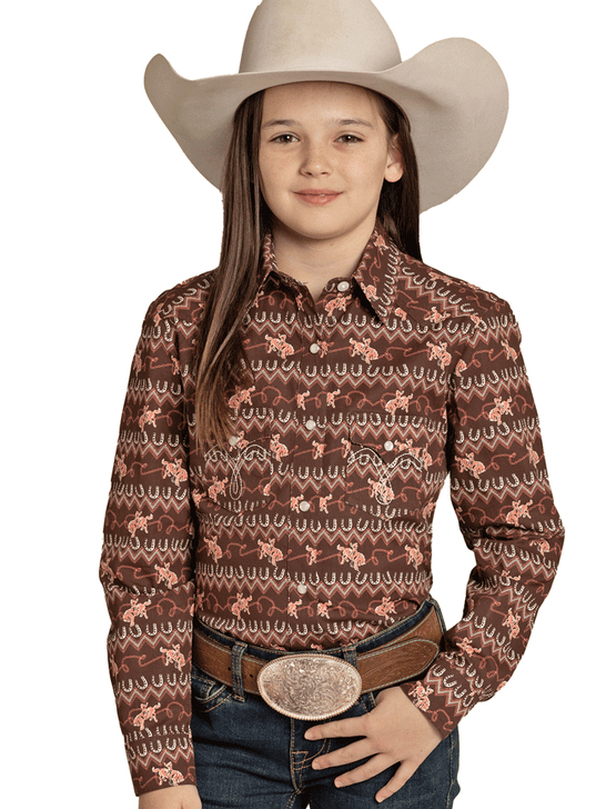 Panhandle LGN2S08040 Girls Long Sleeve Snap Western Shirt Brown front view. If you need any assistance with this item or the purchase of this item please call us at five six one seven four eight eight eight zero one Monday through Saturday 10:00a.m EST to 8:00 p.m EST