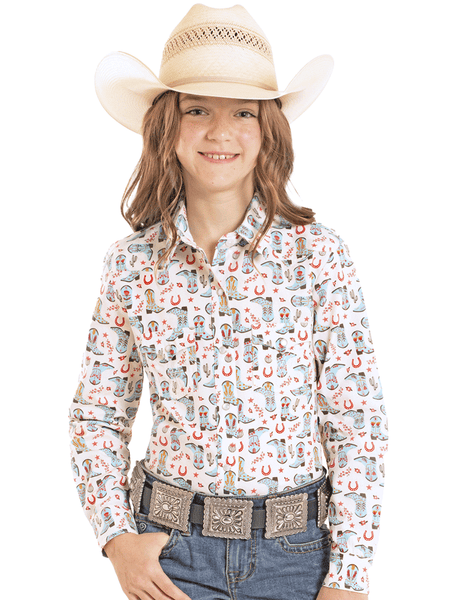 Panhandle LGN2S08638 Girls Floral Boot Print Long Sleeve Snap Shirt Ivory front view. If you need any assistance with this item or the purchase of this item please call us at five six one seven four eight eight eight zero one Monday through Saturday 10:00a.m EST to 8:00 p.m EST
