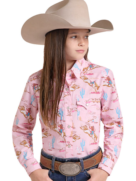 Panhandle LGN2S09911 Girls Long Sleeve Print Snap Shirt Pink front view. If you need any assistance with this item or the purchase of this item please call us at five six one seven four eight eight eight zero one Monday through Saturday 10:00a.m EST to 8:00 p.m EST