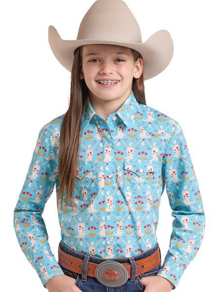 Panhandle LGN2S09912 Girls Long Sleeve Print Snap Shirt Light Blue front view. If you need any assistance with this item or the purchase of this item please call us at five six one seven four eight eight eight zero one Monday through Saturday 10:00a.m EST to 8:00 p.m EST