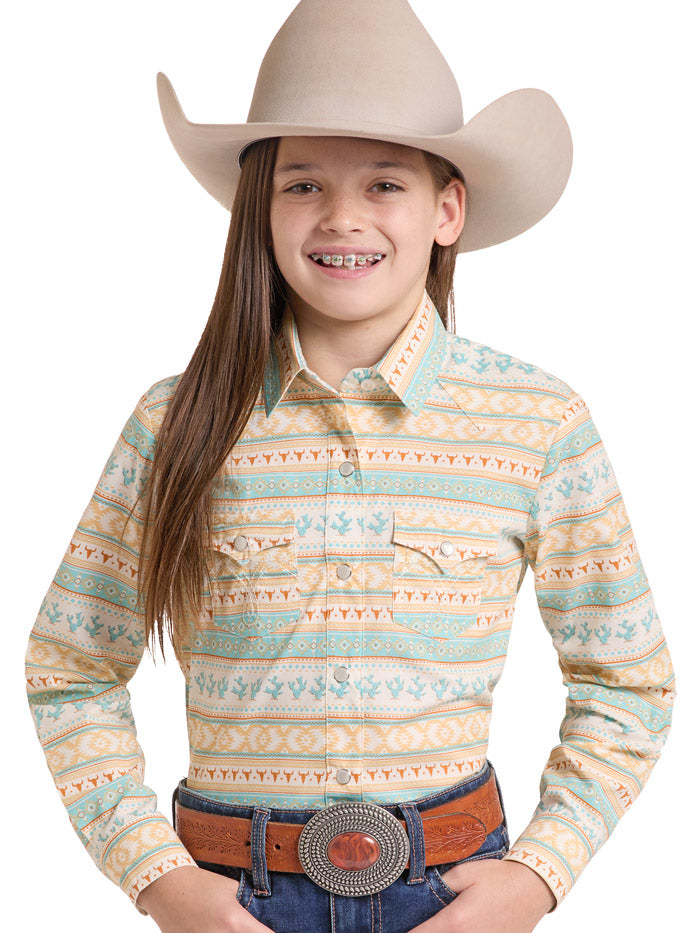 Panhandle LGN2S09913 Girls Long Sleeve Print Snap Shirt Turquoise front view. If you need any assistance with this item or the purchase of this item please call us at five six one seven four eight eight eight zero one Monday through Saturday 10:00a.m EST to 8:00 p.m EST