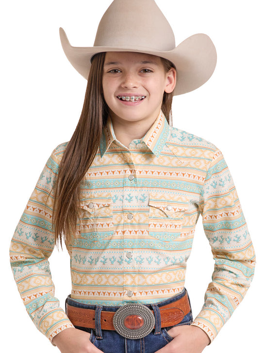 Panhandle LGN2S09913 Girls Long Sleeve Print Snap Shirt Turquoise front view. If you need any assistance with this item or the purchase of this item please call us at five six one seven four eight eight eight zero one Monday through Saturday 10:00a.m EST to 8:00 p.m EST