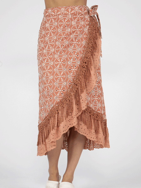Miss Me MS0131L Womens Long Ruffled Layered Wrap Skirt Rust front view. If you need any assistance with this item or the purchase of this item please call us at five six one seven four eight eight eight zero one Monday through Saturday 10:00a.m EST to 8:00 p.m EST