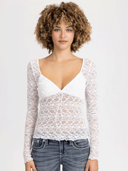 Miss Me BMT0066L-WHT Womens Long Sleeve Lace Top White front view. If you need any assistance with this item or the purchase of this item please call us at five six one seven four eight eight eight zero one Monday through Saturday 10:00a.m EST to 8:00 p.m EST
