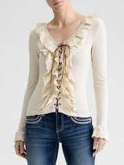 Miss Me MT3397L Womens Long Sleeve Ruffle Top Natural front view. If you need any assistance with this item or the purchase of this item please call us at five six one seven four eight eight eight zero one Monday through Saturday 10:00a.m EST to 8:00 p.m EST
