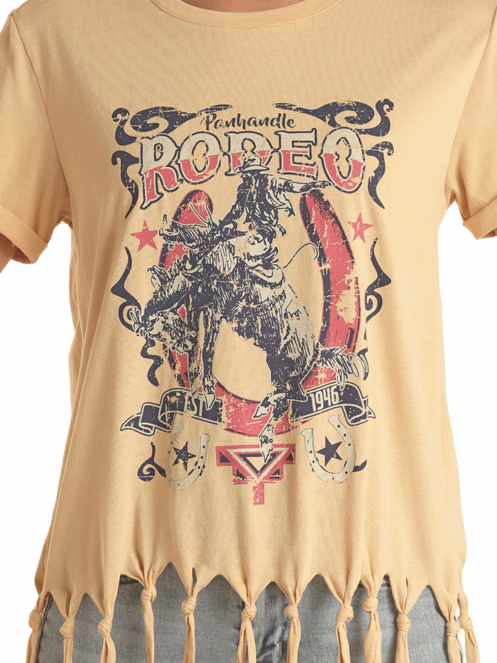 Panhandle LW21T03445 Womens Boxy Graphic With Knotted Fringe Tee Sunshine Beige front view. If you need any assistance with this item or the purchase of this item please call us at five six one seven four eight eight eight zero one Monday through Saturday 10:00a.m EST to 8:00 p.m EST