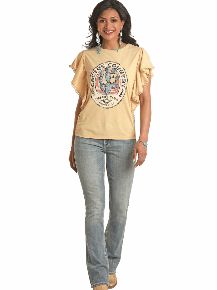Panhandle LW21T03450 Womens Graphic Flutter Sleeve Tee Sunshine Beige front view. If you need any assistance with this item or the purchase of this item please call us at five six one seven four eight eight eight zero one Monday through Saturday 10:00a.m EST to 8:00 p.m EST