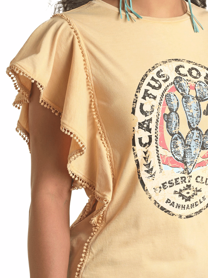 Panhandle LW21T03450 Womens Graphic Flutter Sleeve Tee Sunshine Beige front view. If you need any assistance with this item or the purchase of this item please call us at five six one seven four eight eight eight zero one Monday through Saturday 10:00a.m EST to 8:00 p.m EST