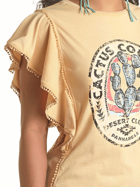 Panhandle LW21T03450 Womens Graphic Flutter Sleeve Tee Sunshine Beige close up view of flutter sleeve. If you need any assistance with this item or the purchase of this item please call us at five six one seven four eight eight eight zero one Monday through Saturday 10:00a.m EST to 8:00 p.m EST