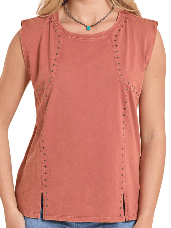 Panhandle LW21T08438-CPR Ladies Studded Jersey Tee Copper front close up view. If you need any assistance with this item or the purchase of this item please call us at five six one seven four eight eight eight zero one Monday through Saturday 10:00a.m EST to 8:00 p.m EST