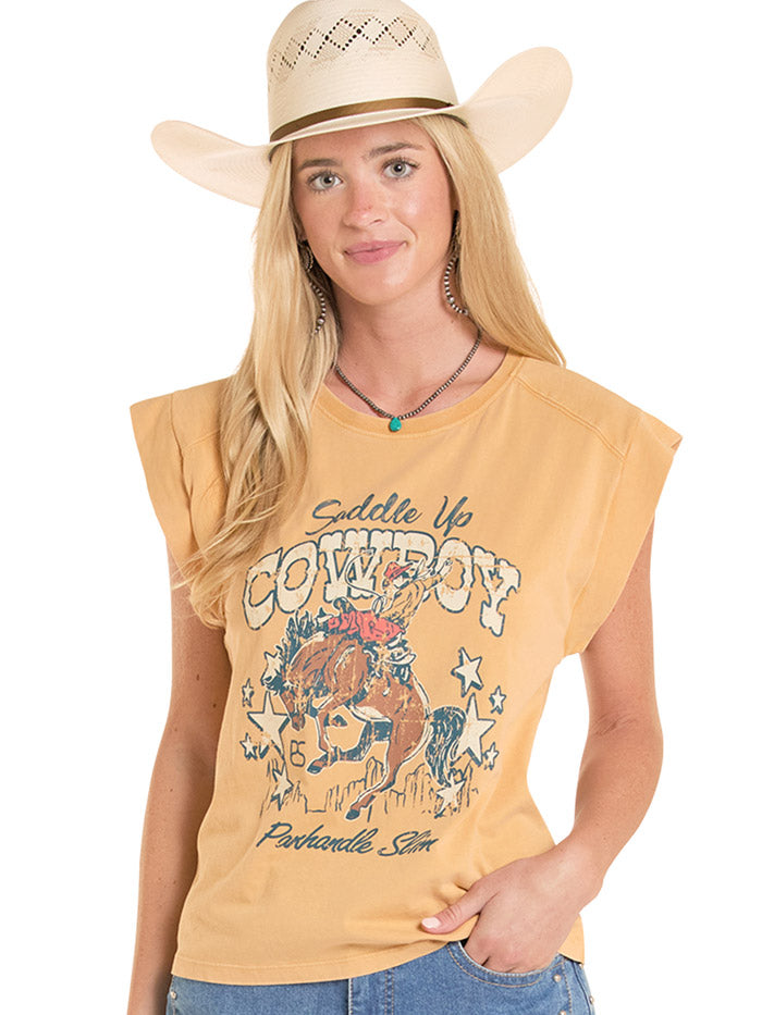 Panhandle LW21T09048 Womens Cowboy Graphic Tee Mustard Yellow front view. If you need any assistance with this item or the purchase of this item please call us at five six one seven four eight eight eight zero one Monday through Saturday 10:00a.m EST to 8:00 p.m EST