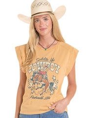 Panhandle LW21T09048 Womens Cowboy Graphic Tee Mustard Yellow front view. If you need any assistance with this item or the purchase of this item please call us at five six one seven four eight eight eight zero one Monday through Saturday 10:00a.m EST to 8:00 p.m EST