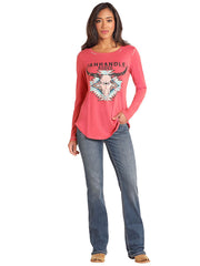 Panhandle LW22T04628 Ladies Long Sleeve Graphic Swing Top Pink front view. If you need any assistance with this item or the purchase of this item please call us at five six one seven four eight eight eight zero one Monday through Saturday 10:00a.m EST to 8:00 p.m EST