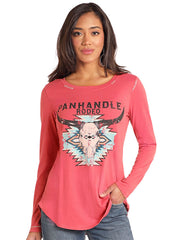 Panhandle LW22T04628 Ladies Long Sleeve Graphic Swing Top Pink front view. If you need any assistance with this item or the purchase of this item please call us at five six one seven four eight eight eight zero one Monday through Saturday 10:00a.m EST to 8:00 p.m EST