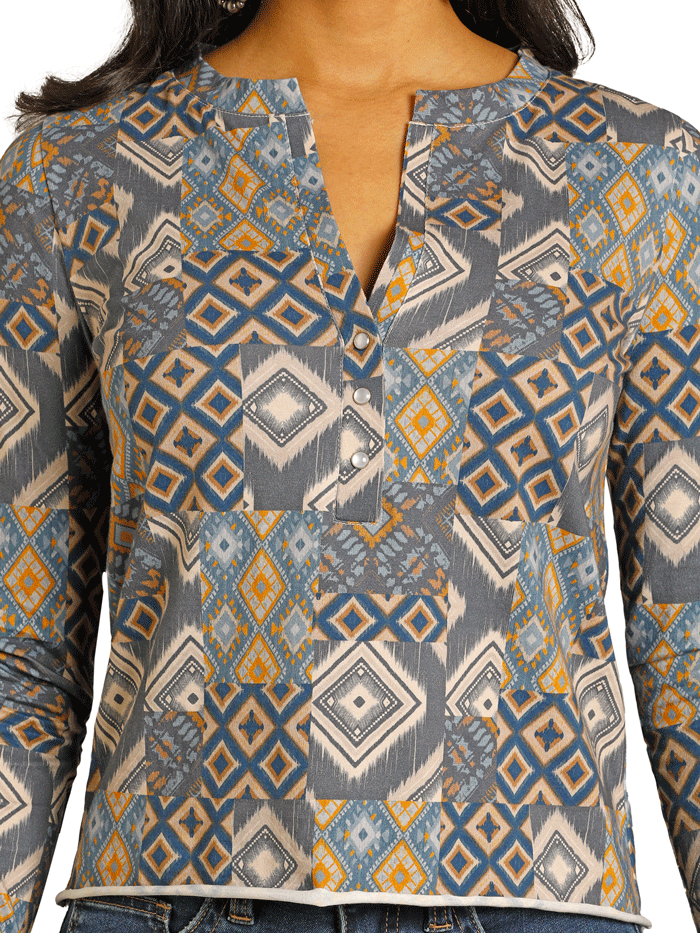 Panhandle LW22T07934 Womens Patch Print Henley Top Navy front view. If you need any assistance with this item or the purchase of this item please call us at five six one seven four eight eight eight zero one Monday through Saturday 10:00a.m EST to 8:00 p.m EST