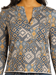 Panhandle LW22T07934 Womens Patch Print Henley Top Navy close up. If you need any assistance with this item or the purchase of this item please call us at five six one seven four eight eight eight zero one Monday through Saturday 10:00a.m EST to 8:00 p.m EST