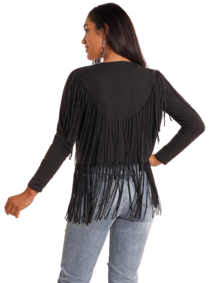 Panhandle LW34T05170 Womens Cardigan With Fringe Trim Black front. If you need any assistance with this item or the purchase of this item please call us at five six one seven four eight eight eight zero one Monday through Saturday 10:00a.m EST to 8:00 p.m EST