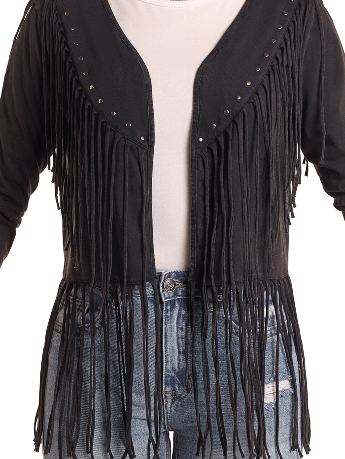 Panhandle LW34T05170 Womens Cardigan With Fringe Trim Black front. If you need any assistance with this item or the purchase of this item please call us at five six one seven four eight eight eight zero one Monday through Saturday 10:00a.m EST to 8:00 p.m EST