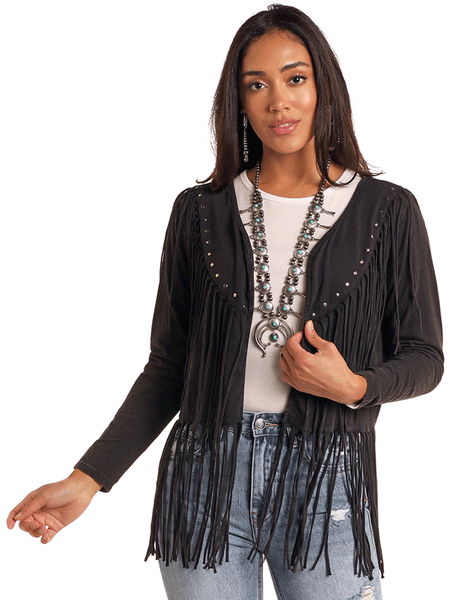 Panhandle LW34T05170 Womens Cardigan With Fringe Trim Black front. If you need any assistance with this item or the purchase of this item please call us at five six one seven four eight eight eight zero one Monday through Saturday 10:00a.m EST to 8:00 p.m EST