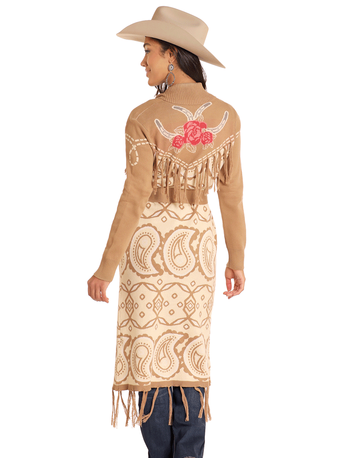 Panhandle LW95T04627 Womens Fringe Trim Sweater Duster Taupe Tan front view. If you need any assistance with this item or the purchase of this item please call us at five six one seven four eight eight eight zero one Monday through Saturday 10:00a.m EST to 8:00 p.m EST