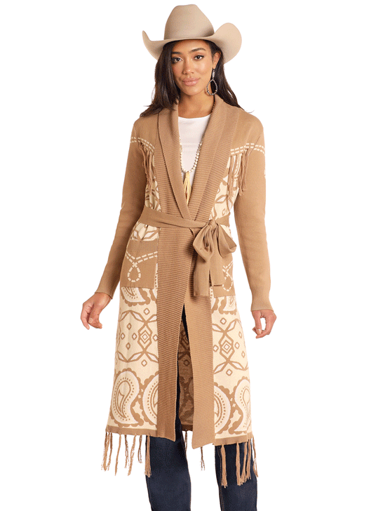 Panhandle LW95T04627 Womens Fringe Trim Sweater Duster Taupe Tan front view. If you need any assistance with this item or the purchase of this item please call us at five six one seven four eight eight eight zero one Monday through Saturday 10:00a.m EST to 8:00 p.m EST