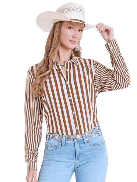 Panhandle LWB2S08445 Womens Stripe Long Sleeve Blouse Brown front view. If you need any assistance with this item or the purchase of this item please call us at five six one seven four eight eight eight zero one Monday through Saturday 10:00a.m EST to 8:00 p.m EST