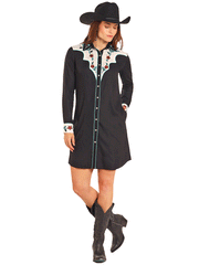 Panhandle LWD2R04664 Womens Long Sleeve Yoked Snap Embroidered Dress Black front view. If you need any assistance with this item or the purchase of this item please call us at five six one seven four eight eight eight zero one Monday through Saturday 10:00a.m EST to 8:00 p.m EST