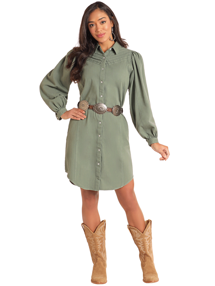 Rock & Roll Denim LWD2R04679 Womens Pleated Ballon Sleeve Dress Olive J.C. Western Wear Rock & Roll Denim LWD2R04679 Womens Pleated Ballon Sleeve Dress Olive J.C. Western Wear