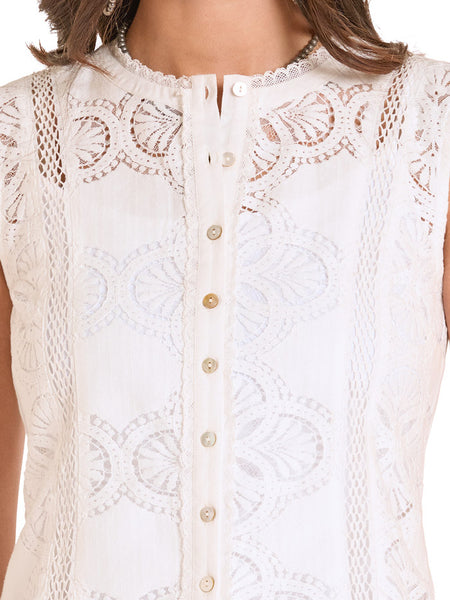 Panhandle LWN0S08836 Womens Lace Insert Tank White front close up. If you need any assistance with this item or the purchase of this item please call us at five six one seven four eight eight eight zero one Monday through Saturday 10:00a.m EST to 8:00 p.m EST