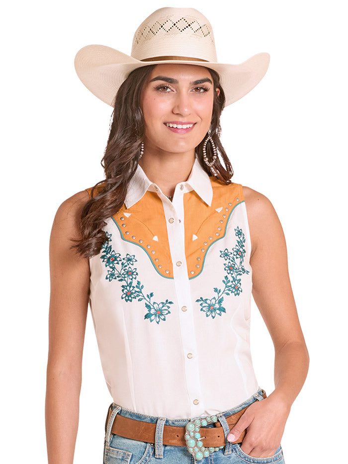 Panhandle LWN0S08857 Womens Floral Sleeveless Shirt Natural front view. If you need any assistance with this item or the purchase of this item please call us at five six one seven four eight eight eight zero one Monday through Saturday 10:00a.m EST to 8:00 p.m EST
