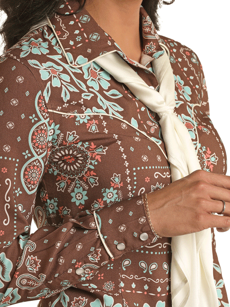 Panhandle LWN2S03391 Womens Bandana Snap Retro With Ascot Shirt Brown close up view. If you need any assistance with this item or the purchase of this item please call us at five six one seven four eight eight eight zero one Monday through Saturday 10:00a.m EST to 8:00 p.m EST