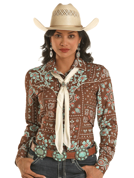 Panhandle LWN2S03391 Womens Bandana Snap Retro With Ascot Shirt Brown front view ascot style 1. If you need any assistance with this item or the purchase of this item please call us at five six one seven four eight eight eight zero one Monday through Saturday 10:00a.m EST to 8:00 p.m EST