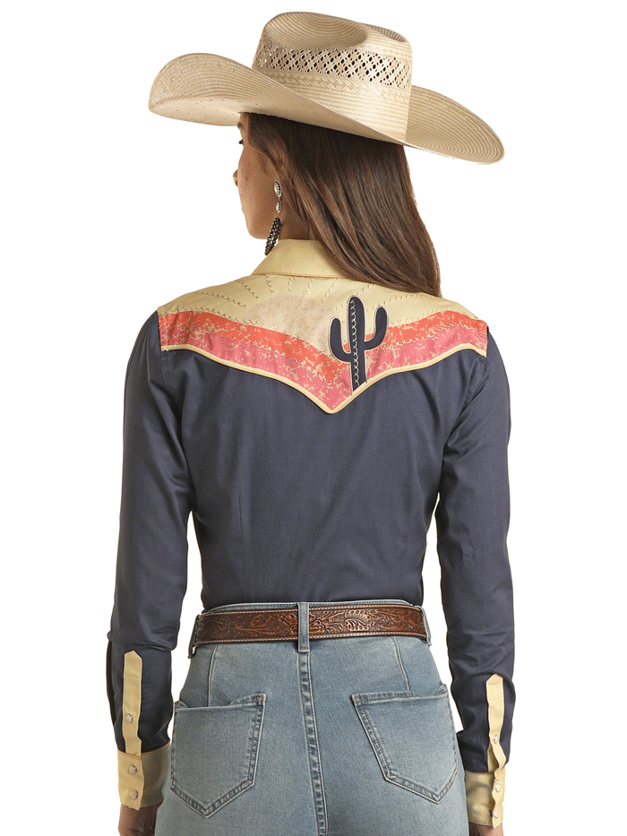 Panhandle LWN2S03459 Womens Cactus Sunset Long Sleeve Retro Shirt Navy front and back view. If you need any assistance with this item or the purchase of this item please call us at five six one seven four eight eight eight zero one Monday through Saturday 10:00a.m EST to 8:00 p.m EST