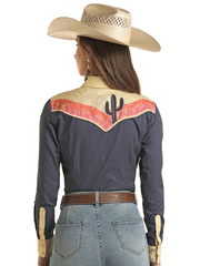 Panhandle LWN2S03459 Womens Cactus Sunset Long Sleeve Retro Shirt Navy back view. If you need any assistance with this item or the purchase of this item please call us at five six one seven four eight eight eight zero one Monday through Saturday 10:00a.m EST to 8:00 p.m EST