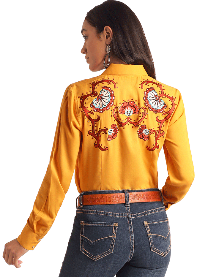 Panhandle LWN2S05818 Womens Embroidered Retro Snap Shirt Mustard Gold front view. If you need any assistance with this item or the purchase of this item please call us at five six one seven four eight eight eight zero one Monday through Saturday 10:00a.m EST to 8:00 p.m EST