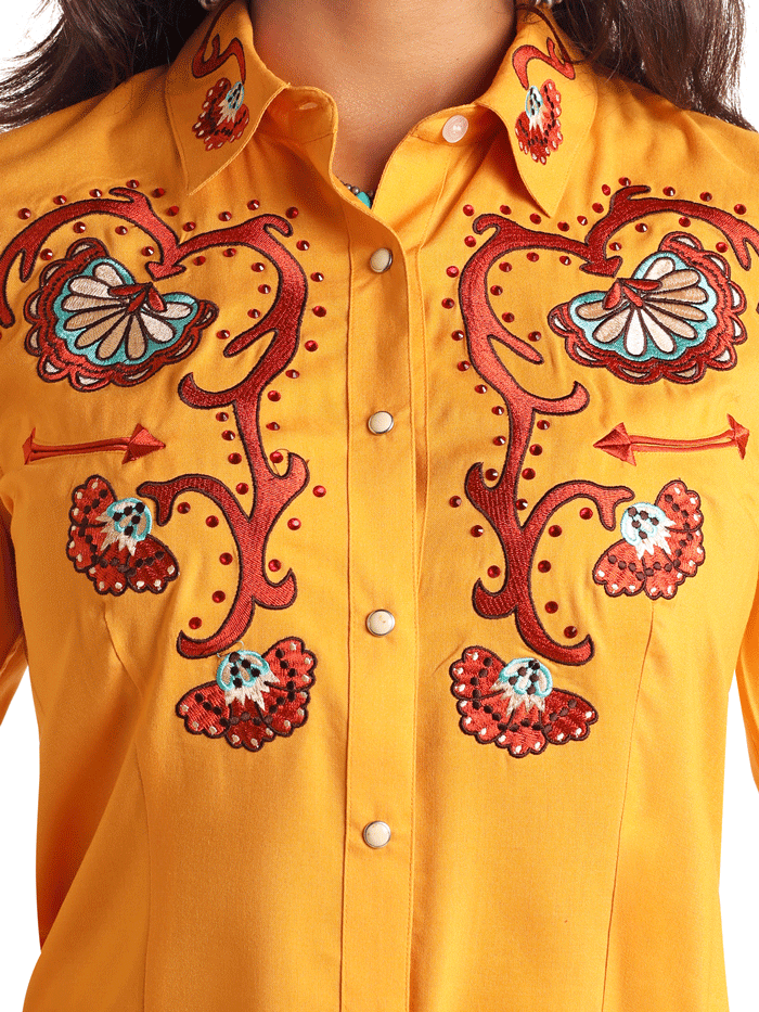 Panhandle LWN2S05818 Womens Embroidered Retro Snap Shirt Mustard Gold front view. If you need any assistance with this item or the purchase of this item please call us at five six one seven four eight eight eight zero one Monday through Saturday 10:00a.m EST to 8:00 p.m EST