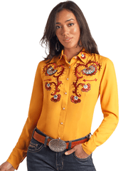 Panhandle LWN2S05818 Womens Embroidered Retro Snap Shirt Mustard Gold front view. If you need any assistance with this item or the purchase of this item please call us at five six one seven four eight eight eight zero one Monday through Saturday 10:00a.m EST to 8:00 p.m EST