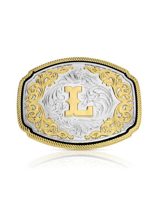 Montana Silversmiths A1047L Western Initial Buckle Silver And Gold front view. If you need any assistance with this item or the purchase of this item please call us at five six one seven four eight eight eight zero one Monday through Saturday 10:00a.m EST to 8:00 p.m EST