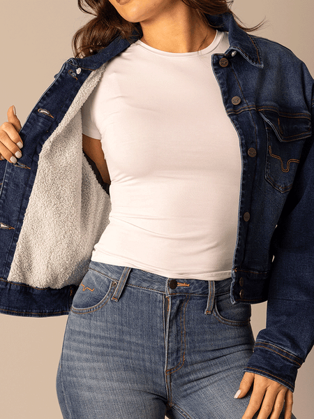 Kimes Ranch LEELA Womens Denim Jacket Dark Indigo inside view. If you need any assistance with this item or the purchase of this item please call us at five six one seven four eight eight eight zero one Monday through Saturday 10:00a.m EST to 8:00 p.m EST