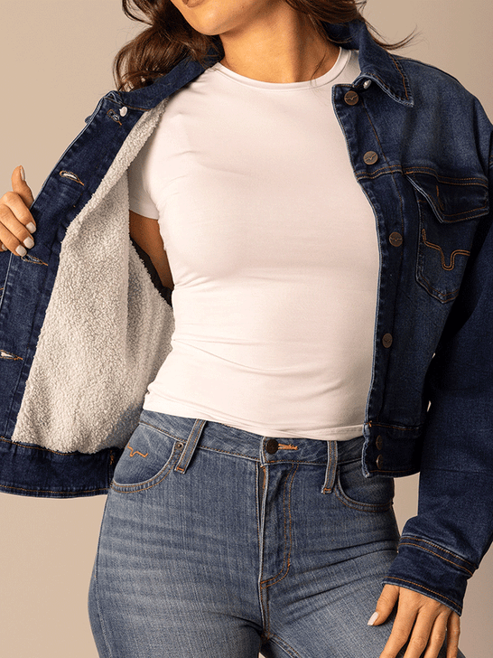 Kimes Ranch LEELA Womens Denim Jacket Dark Indigo inside view. If you need any assistance with this item or the purchase of this item please call us at five six one seven four eight eight eight zero one Monday through Saturday 10:00a.m EST to 8:00 p.m EST