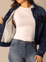 Kimes Ranch LEELA Womens Denim Jacket Dark Indigo inside view. If you need any assistance with this item or the purchase of this item please call us at five six one seven four eight eight eight zero one Monday through Saturday 10:00a.m EST to 8:00 p.m EST