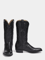 Lucchese M1636.14 Mens CHARLES Square Toe Belly Caiman Boots Black front and side view. If you need any assistance with this item or the purchase of this item please call us at five six one seven four eight eight eight zero one Monday through Saturday 10:00a.m EST to 8:00 p.m EST