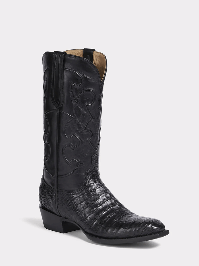 Lucchese M1636.14 Mens CHARLES Square Toe Belly Caiman Boots Black front and side view. If you need any assistance with this item or the purchase of this item please call us at five six one seven four eight eight eight zero one Monday through Saturday 10:00a.m EST to 8:00 p.m EST